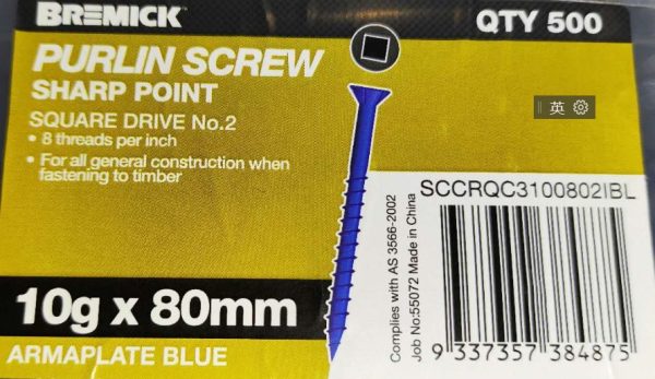 10g+80mm Bremick - Heavy Duty Timber Screws 10g x 80mm Blue Ruspert Finish